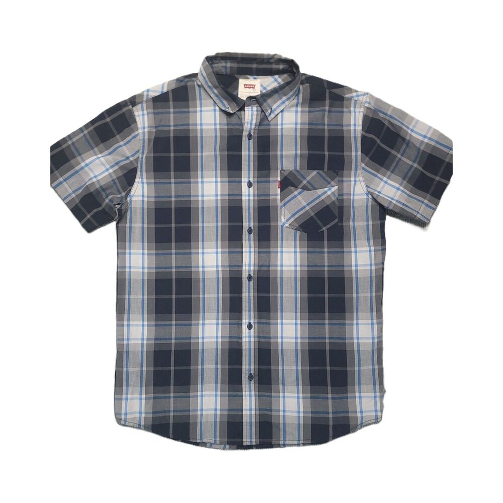 Levis Button Up Shirt Mens L Short Sleeve Pocket Blue Gray Plaid